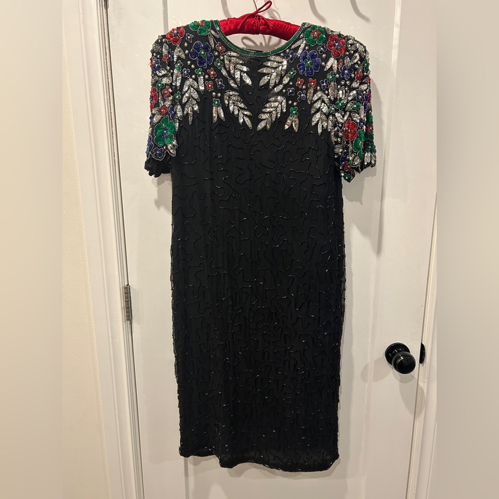 Vintage Elegant Black Silk Dress with Colourful floral beading - Picture 5 of 17